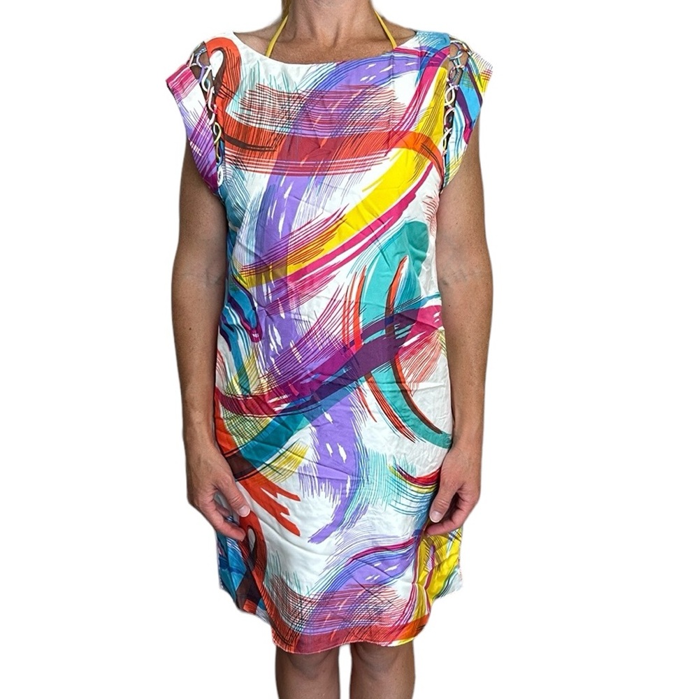 Anthropologie Tibi Women’s Silk Abstract Dress Shoulder‎ Cutouts Art to Wear 6